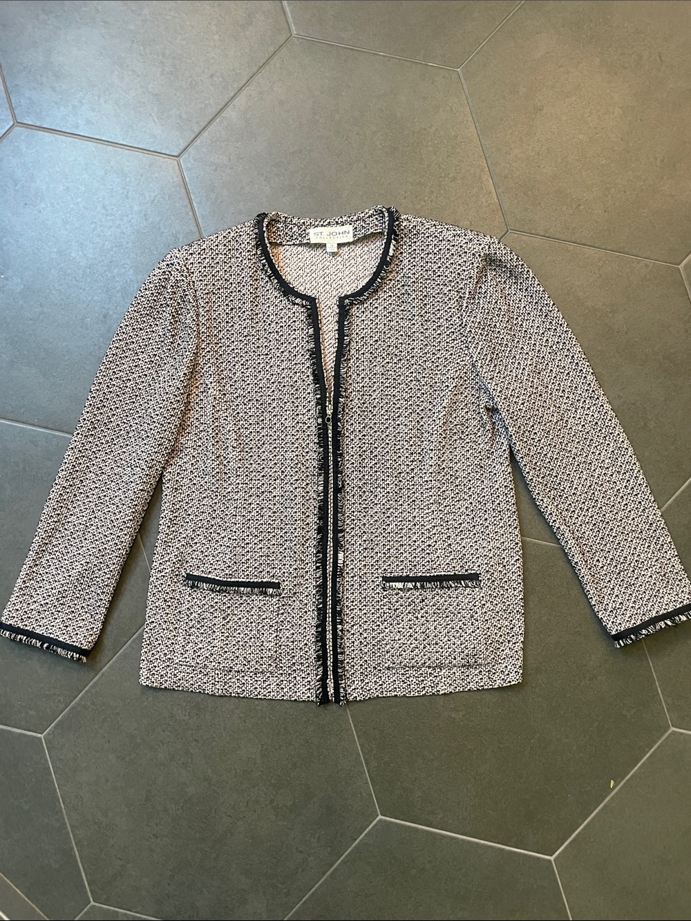 St. John Collection Tweed Crewneck Jacket in Black, Light Pink & White 14